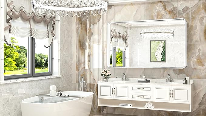 TokeShimi 55 x 30 Inch Brushed Silver Mirror Wall Mirror for Bathroom Metal Frame Decorative Rectangular Wall Mounted Home Decor Corner Hangs (Horizontal/Vertical)