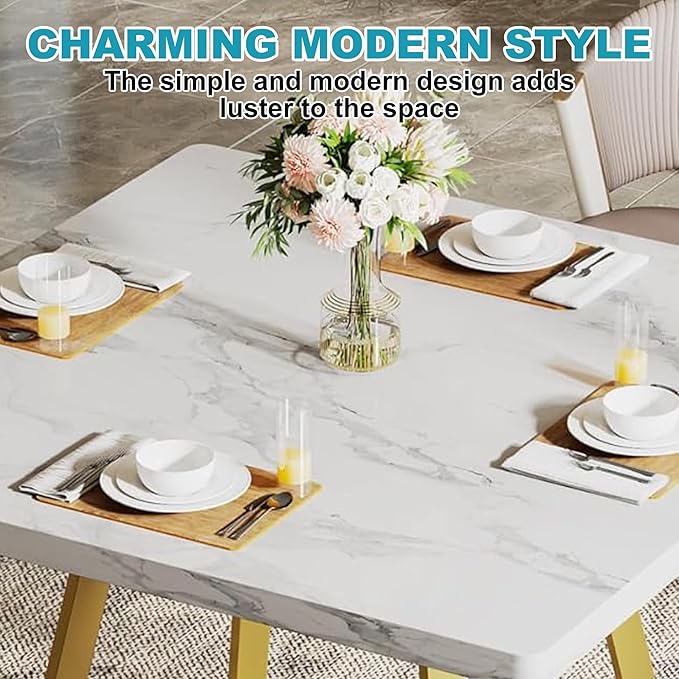 Square Dining Table for 2-4, 31.5" Small Dinner Table with Metal Frame Base Square Kitchen Tables for Dining Room, Kitchen, Living Room, White & Gold