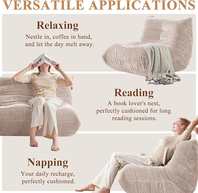 Bean Bag Chair, 3 Seater Fireside Chair Large Bean Bag Sofa for Adults, Memory Foam Chair Gaming Chairs with Comfy Design & Soft Fabric, Lazy Floor Sofa for Living Room, Bedroom, Beige