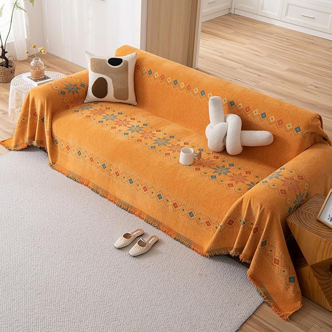 STACYPIK Soft Orange Sofa Cover, Boho Chenille Couch Cover for 2 Cushion Couch, Anti-Slip Jacquard Furniture Protector, Loveseat Cover for Sectional, Multi-use Sofa Slipcover Pet-Friendly-71X118IN