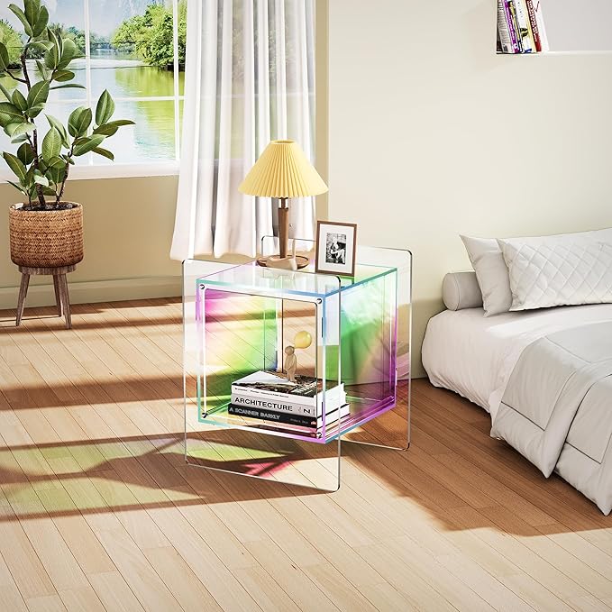 Acrylic Nightstand Colorful Bedside Table with Open Storage Shelf,Clear Side Table for Living Room (1, Iridescent)