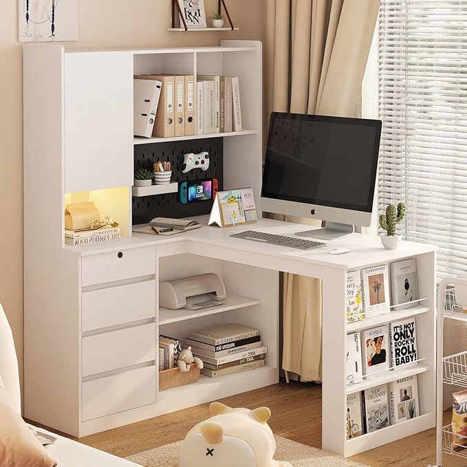 KEIKI L Shaped Home Office Desks with LED Light, Pegboard, Hutch, Drawers, Bookshelf & Storage Shelves, Modern Wooden Gaming Computer Corner Table for Work, Study, Writing