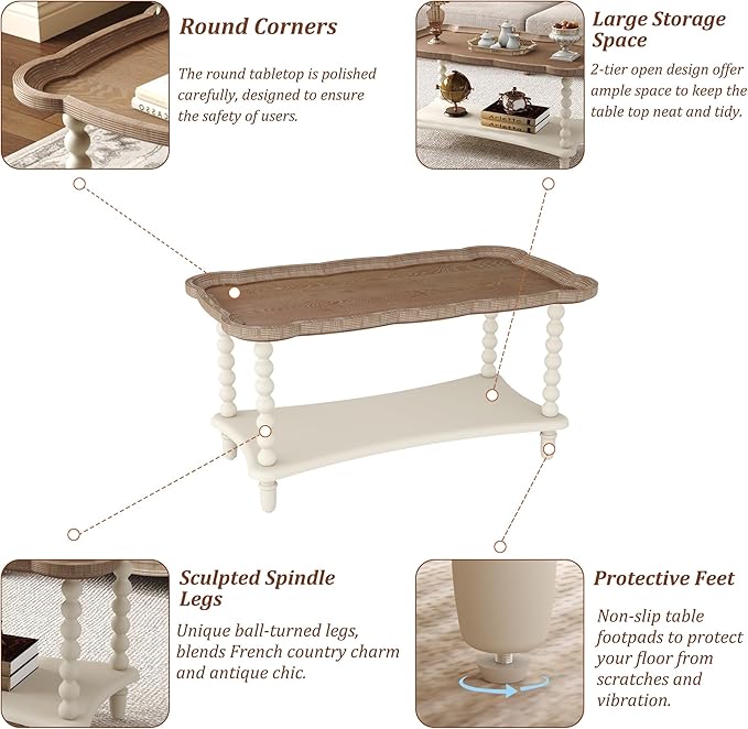 Function Home Farmhouse Coffee Table, Rustic White French Country Center Table with Storage Shelf, Wood Coffee Tables for Living Room Dining Room, Natural Tray Top and Vintage White Spindle Legs