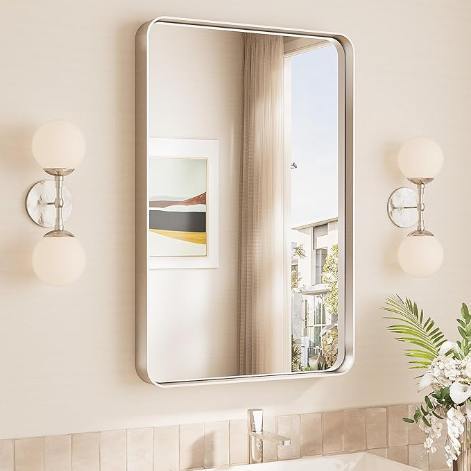 TokeShimi 20x30 Brushed Nickel Bathroom Wall Mirror Vanity Metal Frame Round Corner Rectangular for Home Decor Living Room Entryway (Horizontal/Vertical)