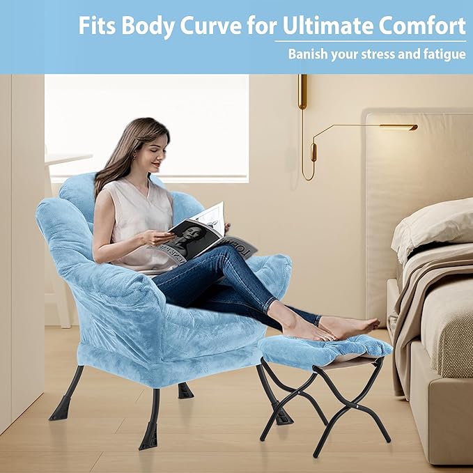 Lazy Chair with Folding Ottoman, Accent Chair Plush Upholstered with Metal Structure and Non-Slip Pads, Sofa Armchair with Footrest and Side Storage Bag for Dorm, Room, Office, Blue