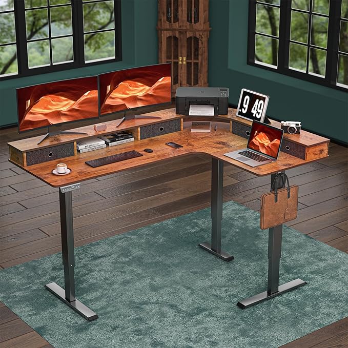 L-Shaped Electric Height Adjustable Desk, 67-inch Reinforced Motor Office Desk with Drawers & Monitor Stand, Ergonomic Design for Healthy Posture, Home Study Gaming, Max load 330 lbs, Retro Brown