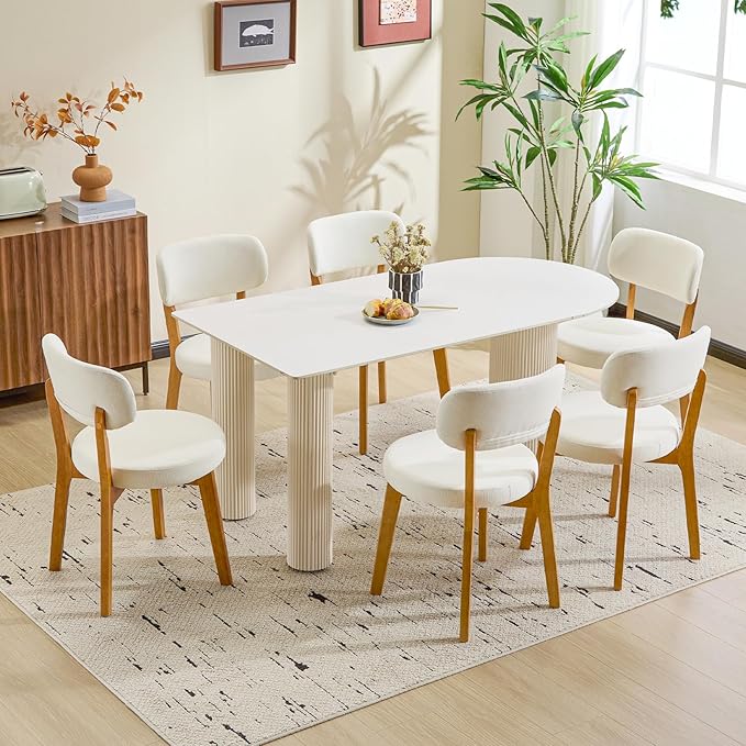 Furniliving Wooden Dining Chairs Set of 2, Mid-Century Modern Linen Upholstered Kitchen Chair with Solid Oak Wood, Farmhouse Dining Room Chairs, Beige