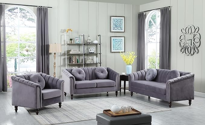 Sectional Sofa Set, Microfiber Chesterfield Upholstered Sofas Loveseat Couch Chair Sets with Style Button Tufted, Scroll Arms and Nailhead for Living Room, Office, Apartment, Grey,3PCS