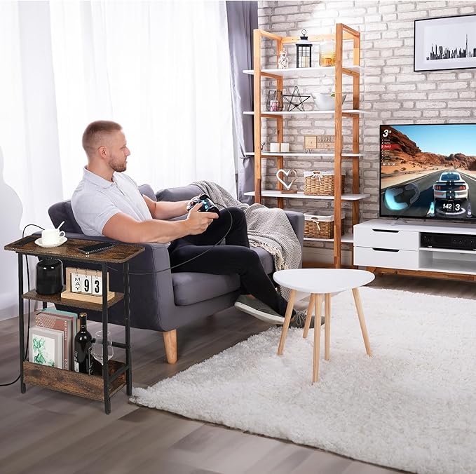 Narrow Side Table with USB-C Charging Station, 3-Tier Slim End Table with Magazine Holder, Modern Side Table for Couch or Small Spaces, Skinny Nightstand for Living Room or Bedroom