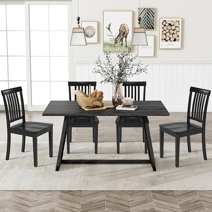 COLAMY Wooden Dining Chairs Set of 4, Solid Rubberwood Kitchen & Dining Room Chairs, High Spindle Back Windsor Style, Modern Dining Table Chairs, Non-Slip Foot Pads, Minimalist Home Furniture,Black