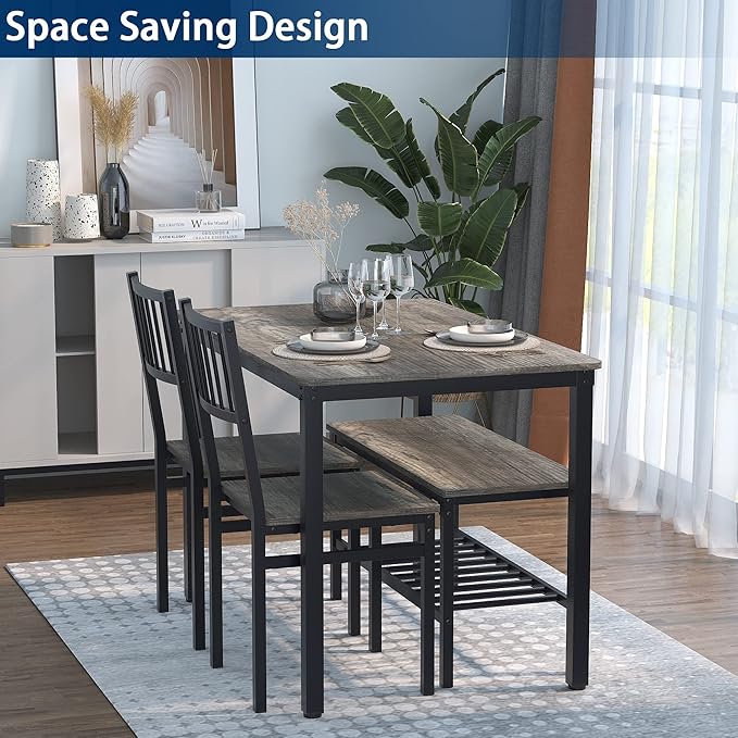 Teraves Dining Table Set for 4/Computer Desk,Kitchen Table with 2 Chairs and a Bench,Table and Chairs Dining Set 4 Picce Set for Dining Room (Black Oak+Black Frame,120CM)