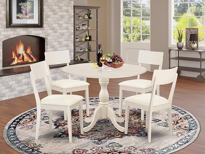 East West Furniture DMAD5-LWH-LC 5 Piece Dining Table Set for 4 Includes a Round Kitchen Table with Dropleaf and 4 Faux Leather Upholstered Dinette Chairs, 42x42 Inch, Linen White