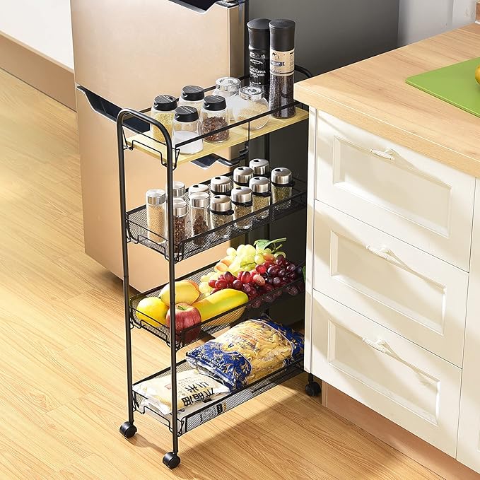 KINGRACK 4-Tier Slim Rolling Cart,Metal Utility Cart,Slide Out Storage Cart with Wooden Tabletop and Mesh Baskets for Narrow Space on Kitchen Bathroom Laundry Room Bedroom Apartments Dormitory, Black