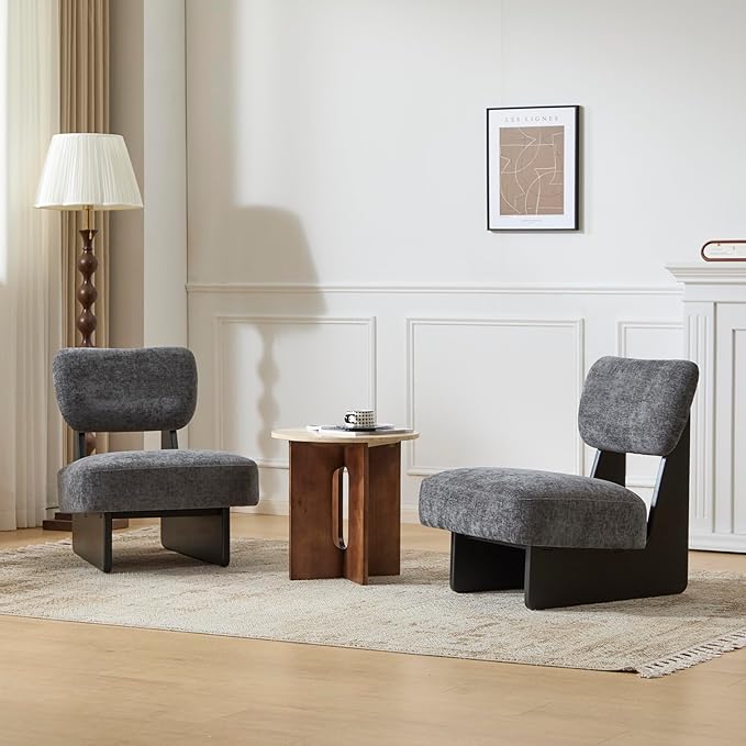 Christopher Knight Home Mores Low Profile Accent Chair Set of 2, Modern Living Room Armless Lounge Chair, Fabric Comfy Reading Chair for Bedroom, Wooden Frame and Thick Padded Seat,Black+Charcoal Gray