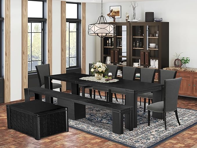 X07VE-BC6-50 - 10-Pc Dining Table Set a Kitchen Table with a coffee Table and wooden Bench & 7 Dark Gotham Grey Linen Fabric Dinner Chair, 39x120 Inch, Wire Brushed Black