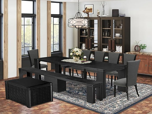 X07VE-BC6-50 - 10-Pc Dining Table Set a Kitchen Table with a coffee Table and wooden Bench & 7 Dark Gotham Grey Linen Fabric Dinner Chair, 39x120 Inch, Wire Brushed Black