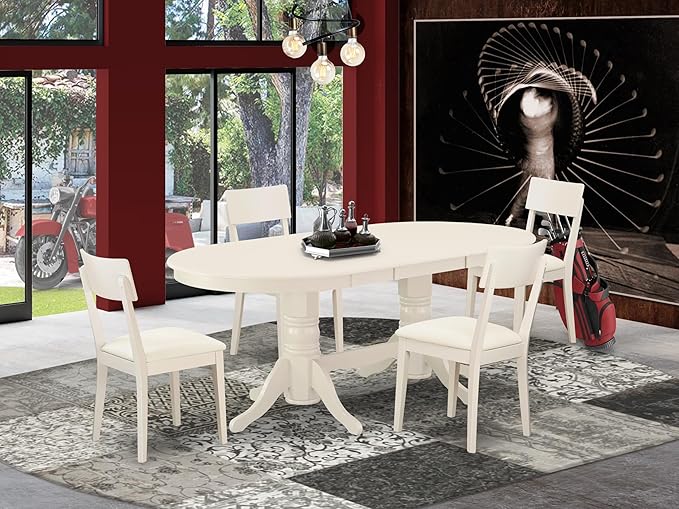 East West Furniture VAAD5-LWH-LC 5 Piece Dining Room Furniture Set Includes an Oval Kitchen Table with Butterfly Leaf and 4 Faux Leather Upholstered Dining Chairs, 40x76 Inch, Linen White