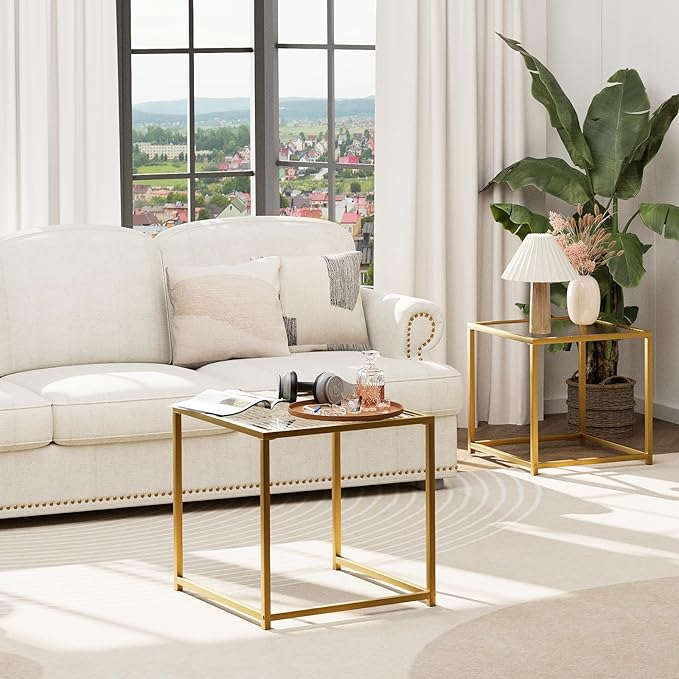 Garden 4 you Coffee Table Set of 2, Modern Patterned Glass Nesting Table, Metal Frame Square Center Table Set, Side Tables, Nesting Coffee Table for Living Room, Bedroom and Small Spaces, 19.7in Gold