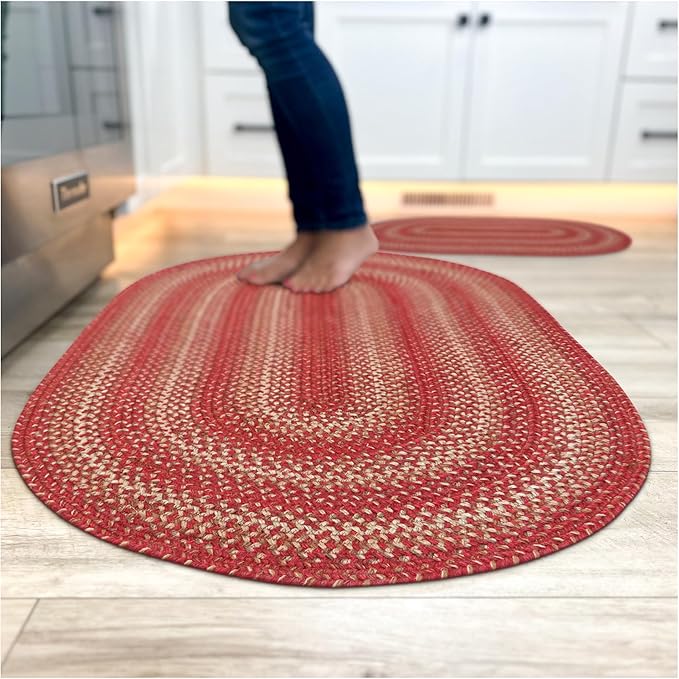 Homespice 20x30” Red Oval Braided Rug. Apple Pie Red Jute Oval Rug. Uses- Entryway, Kitchen Rugs, Bathroom Rugs. Reversible, Rustic, Country, Primitive, Farmhouse Decor Rug