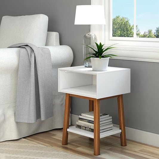 Plank+Beam Wooden Side Table with Cubby Storage Shelf, Mid Century Modern End Tables for Living Room, Small Solid Wood Nightstand, Bedside Tables, Bedroom Furniture, White/Pecan