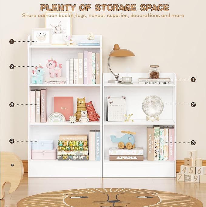 Lkeiyay Montessori Toy Shelf, 4-Tier Kids Storage Organizer,Kid Book Shlef -Ideal for Playroom, Nursery (White)