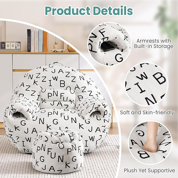DAICO Bean Bag Chairs for Adults Comfy Accent Chair with Ottoman Floor Sofa Beanbag Couch with Armrests White Single Lazy Sofas with Foam for Living Room Reading Bedroom Gaming (Letter Pattern)