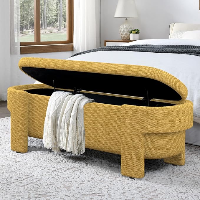 KEIKI 51" Linen Ottoman Bench with Large Storage Space, Upholstered Seating Foot Rest Stool Furniture for Bedroom, Living Room, Entryway, Yellow
