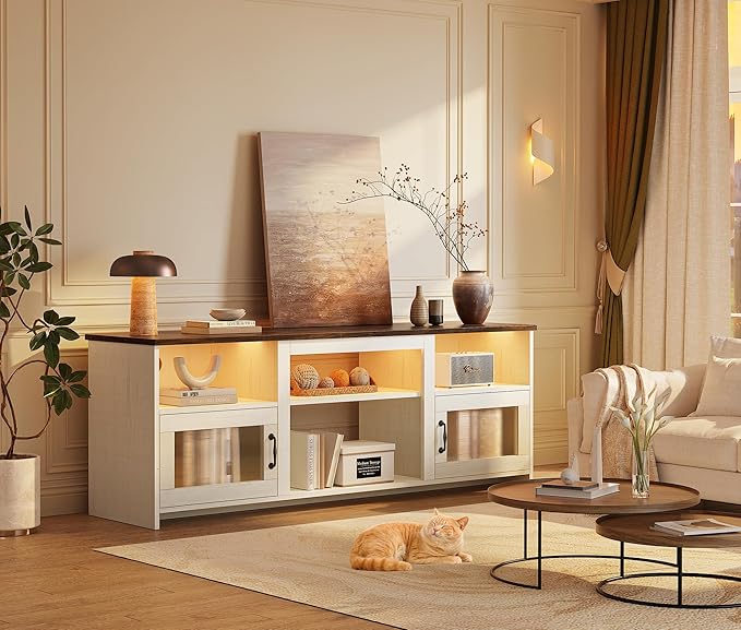 PRAISUN TV Stand for 60 Inch TV, TV Console Cabinet with Power Outlets and LED Lights, 54 Inch Entertainment Center, 2 Acrylic Cabinets, 4 Cable Holes, Open Shelves, for Living Room, Distressed White