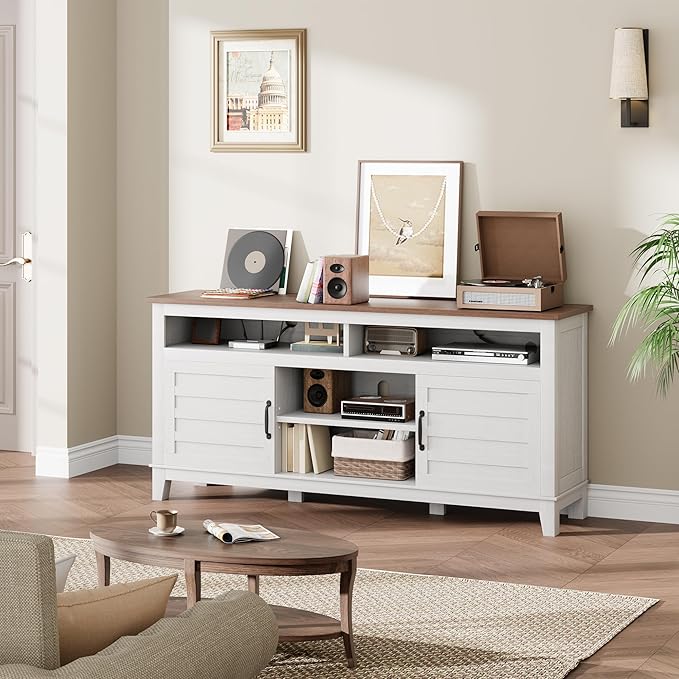 GarveeHome TV Stand for 63 in, Entertainment Center with Adjustable Shelves, Farmhouse TV Stand with Cabinet Doors,for Living Room, Bedroom (White, 63)
