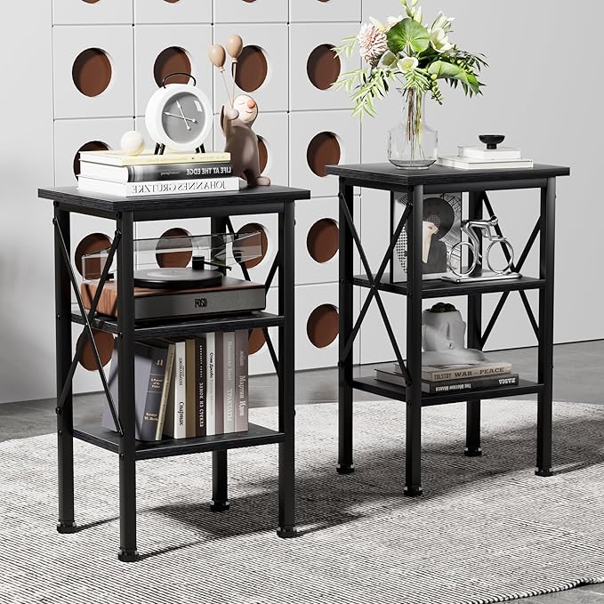 VECELO Modern Nightstands X-Design Side End Table Night Stand with Storage Shelf for Bedroom,Living Room,Set of 2 (Black A2)