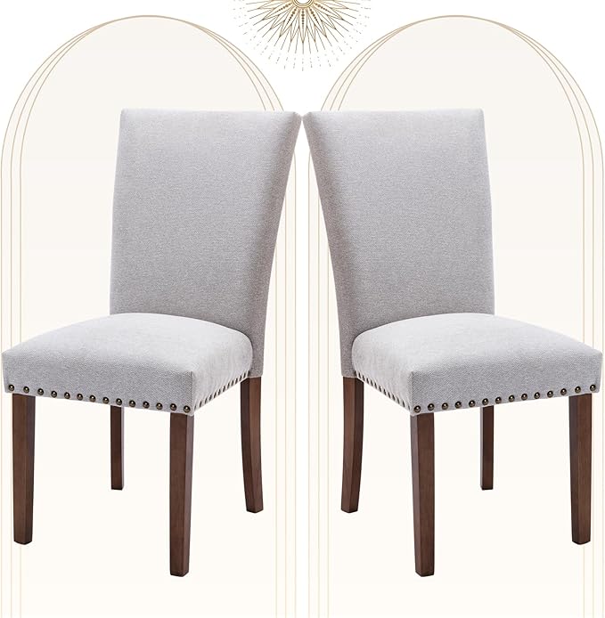 COLAMY Upholstered Parsons Dining Chairs Set of 2, Fabric Dining Room Kitchen Side Chair with Nailhead Trim and Wood Legs - Light Grey