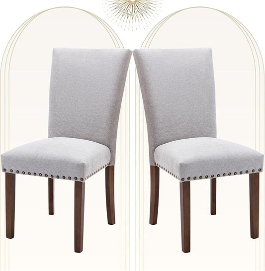 COLAMY Upholstered Parsons Dining Chairs Set of 2, Fabric Dining Room Kitchen Side Chair with Nailhead Trim and Wood Legs - Light Grey