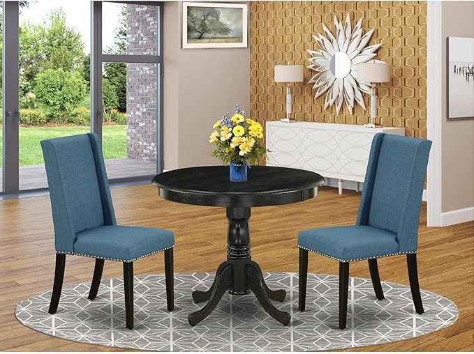 East West Furniture ANFL3-ABK-21 3 Piece Modern Dining Table Set Contains a Round Kitchen Table with Pedestal and 2 Blue Linen Fabric Parson Dining Chairs, 36x36 Inch, Wirebrushed Black