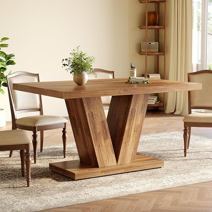 LITTLE TREE 47 Inches Dining Table for 4, Modern Dining Room Tables, Brown Rectangle Kitchen Table with V-Shaped Pedestal, Wooden Dinner Table for Dining Room, Living Room