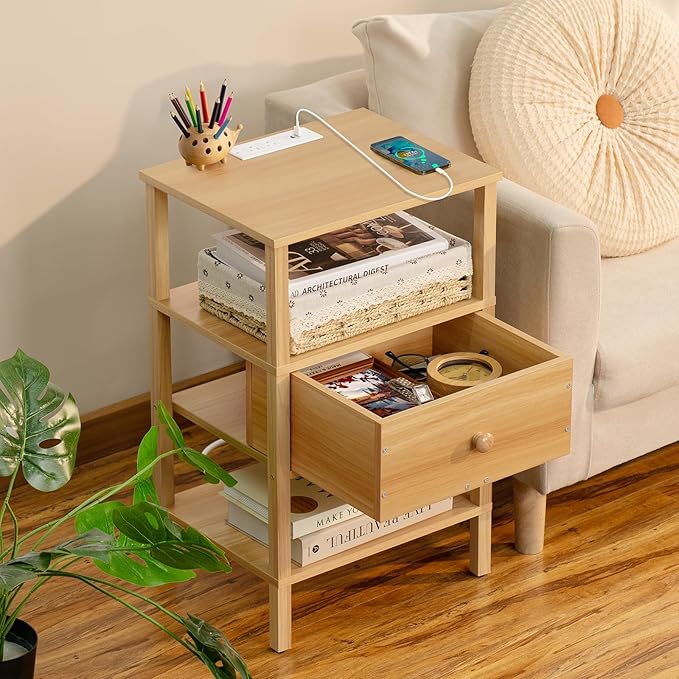 Lerliuo Nightstand Set of 2 with Charging Station and USB Ports, 3-Tier Storage End Table with Drawer Shelf, Night Stand for Small Spaces, Wood Bedside Table for Living Room, Bedroom - Natural Wood