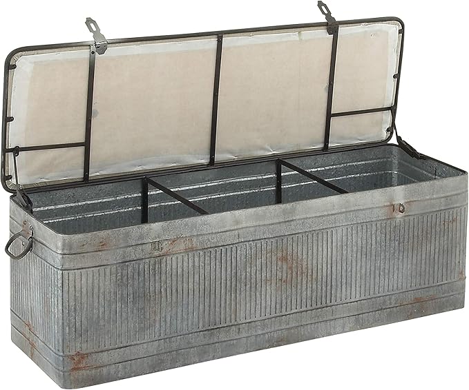 Deco 79 Metal Room Storage Bench Galvanized Entryway Bench with Cream Burlap Top, Bench 50" x 16" x 18", Gray
