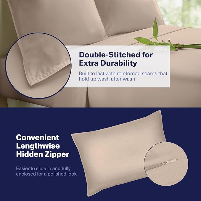 Kickoff Viscose Bamboo Sheets Queen Size 4-pc 100% Organic Bamboo Viscose Bed Cooling Sheets Queen Size Set Cool Bedding for hot Sleepers Sheet, Flat, Fitted, Pillowcases (Iced Latte, Q)