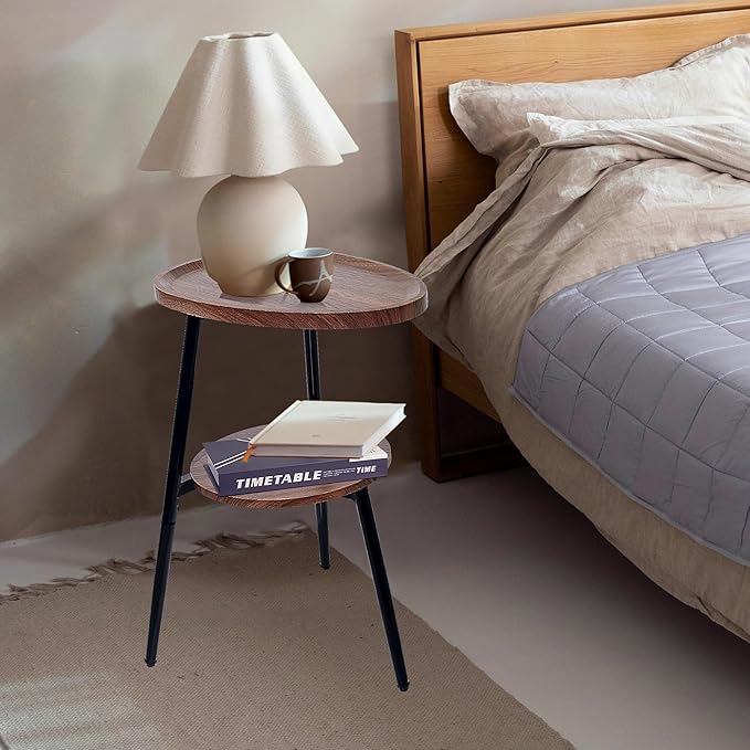 Side Table Small End Table, Oval & Round Wood Sofa Table, 2-Tier Accent Table Nightstand Bedside Table with Metal Frame for Living Room, Bedroom, Small Spaces (Rustic Brown)