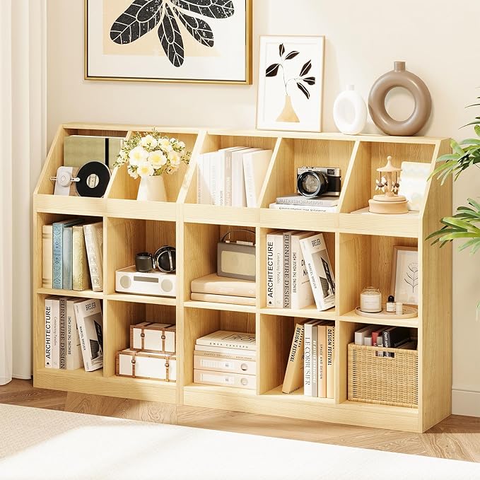 6-Cube Wooden Storage Bookcase - 11-Inch Open Shelf Cabinet, Simple Modern Bookshelf Organizer for Home Office, Living Room, Oak