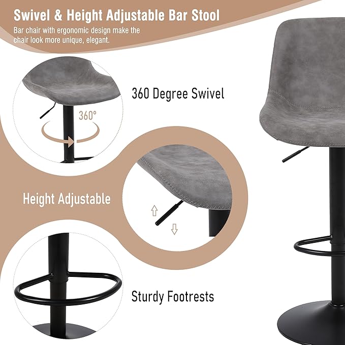 Bar Stools, Swivel Counter Height Barstools with Back, Adjustable Modern Bar Chairs, Tall Armless PU Leather Kitchen Island Stool (Grey, Set of 2)