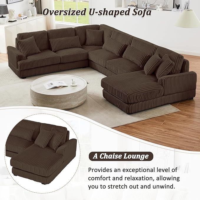 129" Oversized U Shaped Modular Sectional Sofa Couch for Living Room 7 Seater Plush Corduroy Upholstered Large Sofa Deep Seat Cloud Couch with Extra Wide Chaise Lounge and Detachable Thick Cushions