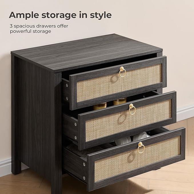 SICOTAS Night Stand with Drawers, Large Rattan Bedside Table with Golden Handle, 3 Drawers Nightstand Tall End Table Side Table Boho Nightstand for Bedroom