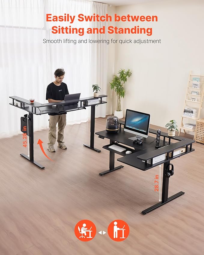 VEVOR L Shaped Desk, Electric Adjustable Height Corner Gaming Desk with Keyboard Tray and Dual Hooks, Heavy Duty L-Shaped Computer Table with Light Strip for Home Office, Easy to Assemble, Black