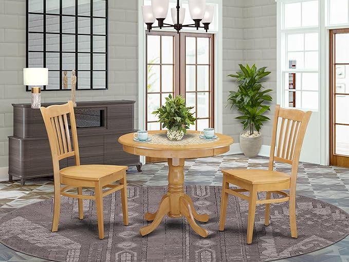 East West Furniture ANGR3-OAK-W 3 Piece Kitchen Table & Chairs Set Contains a Round Dining Room Table with Pedestal and 2 Dining Chairs, 36x36 Inch, Oak