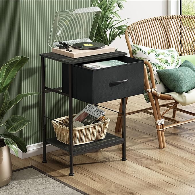 WLIVE Black Nightstand, Bedside Table with Fabric Storage Drawer, Open Wood Shelf, Night Stand for Bedroom Furniture, End Table for Dorm, Entryway, 25.03" Height