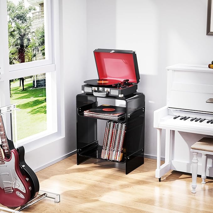 Acrylic Record Player Table with Storage Shelf, Clear Side Table Nightstand (Black)