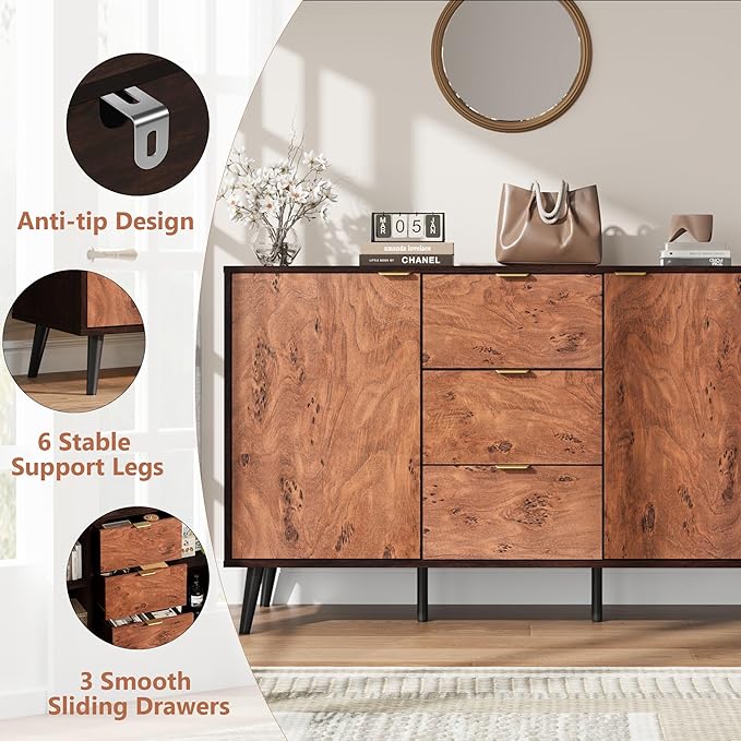 GarveeHome Buffet Cabinet with Drawers, 51.2'' Large Sideboard Buffet Credenza Storage Cabinet with Shelves and Doors, Coffee Station Cabinet with Metal Handle, Robot Vacuum Friendly (Walnut)
