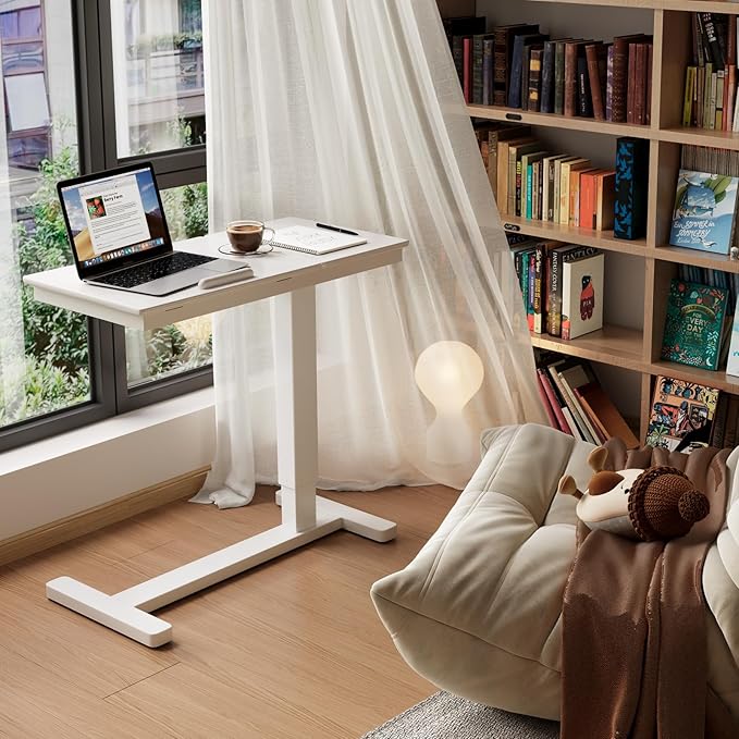 Solid Wood Overbed Bedside Table with Wheels, Adjustable Medical Tilt Top Hospital Bed Table Over The Bed, Rolling Laptop Desk, Mobile Standing Desk for Hospital and Home Use (White)