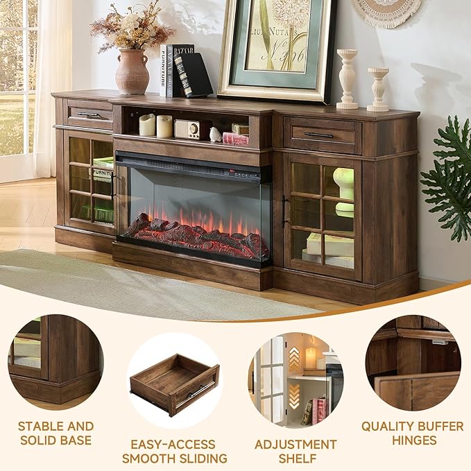 ROCKPOINT 3 Sided Glass 80" Fireplace TV Stand for TVs up to 90",Entertainment Center with Drawers and Glass Door Storage Cabinet for Living Room,36"Electric Fireplace & Adjustable LED Light ,Espresso