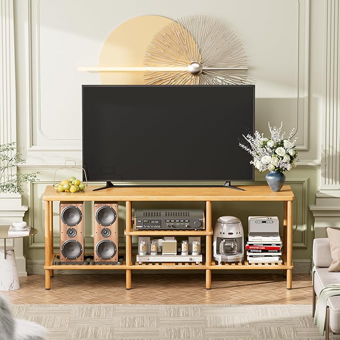 Amazer Bamboo TV Stand for 60 65 Inch TV, Entertainment Center with 3 Tier Open Storage Shelf, Wood TV Table for Living Room, Bedroom